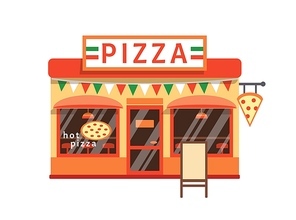 Pizza shop flat vector illustration. Pizzeria building facade with signboard isolated on white . Small cafe with traditional italian cuisine. Cartoon pizza margarita restaurant