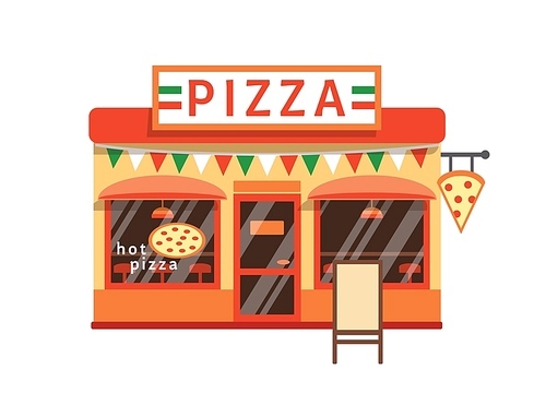 Pizza shop flat vector illustration. Pizzeria building facade with signboard isolated on white . Small cafe with traditional italian cuisine. Cartoon pizza margarita restaurant