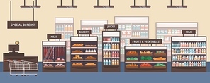 Supermarket interior flat vector illustration. Grocery store, shelves with food products. Cartoon food shop aisle. Bakery, meat, fruits and vegetables, special offers and milk signboards