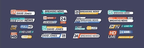 TV live news bars vector illustrations set. Headline titles design templates isolated on dark background. Television channel broadcasting service collection. Breaking news lower third