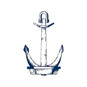 Ship armature vector illustration. Anchor, boat mooring device. Vessel accessory, holding raft in place item, liner attribute. Monocolor metal construction isolated on white 