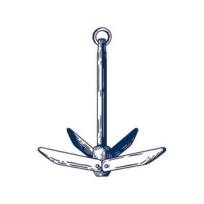 Boat anchor vector illustration. Holding ship in place construction, ship mooring item. Load, heaviness, liner and sailfish accessory. Monochrome steel instrument isolated on white 