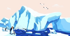 North pole, arctic ice landscape flat vector illustration. Beautiful antarctic scenery with local fauna. Glacier panorama with emperor penguins, polar bear and seagulls. Boreal climate inhabitants