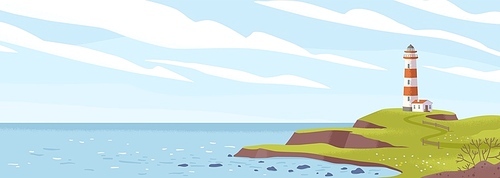 Lighthouse on seashore flat vector illustration. Island pharos, light house, seascape, signal building on seaside. Coastline landscape with beacon. Hope symbol, expectation, solitude concept