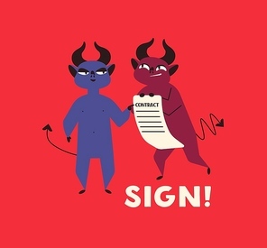 Contract with devil flat vector illustration. Signing agreement with satan. Horned monster offering dangerous treaty. Deceitful business deal, fraud concept. Selling soul to devil metaphor