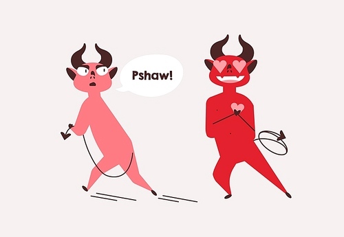 Devils unrequited love flat vector illustration. Strong affection, friend zone, obsession concept. Red demon neglecting admirer feelings cartoon characters. Funny hell creature walking away from lover