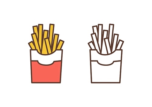 French fries linear vector icon. Delicious fried potato sticks outline illustration. Fast food restaurant logotype design element. Traditional american snack. High calorie food, unhealthy nutrition