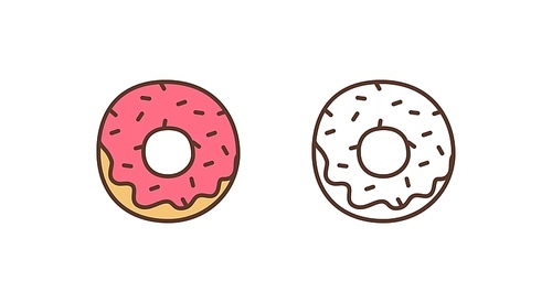 Delicious doughnut linear vector icon. Sweet glazed donut with sprinkles outline illustration. Pastry shop, bakery, confectionery logotype design element. Tasty baking isolated on white 