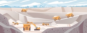 Quarry landscape flat vector illustration. Marble mining concept. Industrial machinery and transport. Excavators and dump trucks at opencast. Mine production, stone quarrying process