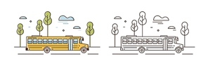 Yellow school bus linear vector illustration. Student transportation on street. Academic vehicle isolated on white . Primary education. Public transport outline design element