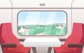 View from train window flat vector illustration. Modern railway carriage interior with comfortable red chairs and small coffee table. Train compartment. Transportation, travelling, road