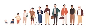 Man life cycle flat vector illustration. Male person aging stages, guy growth phases set. Boy growing up from little child to oldster cartoon character. Infancy, childhood, adulthood and senility