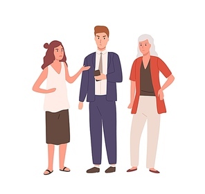 Angry cartoon people standing and look in smartphone vector flat illustration. Displeased cartoon girl businessman and woman isolated on white . Concept of irritating and negative emotion