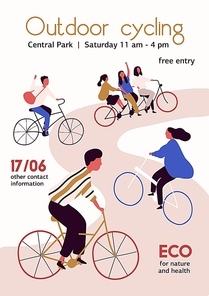 Outdoor cycling competition poster vector flat illustration. Cartoon people cyclist in bicycle racing on the road isolated on white . Concept of activity, healthy lifestyle and sports