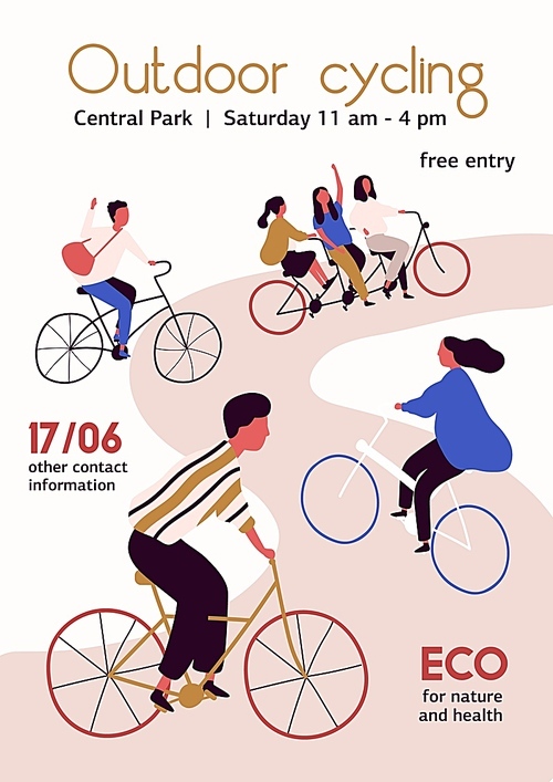 Outdoor cycling competition poster vector flat illustration. Cartoon people cyclist in bicycle racing on the road isolated on white . Concept of activity, healthy lifestyle and sports