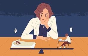 Tired business woman choice between health and side job vector illustration. Female cartoon office worker looking on tiny people choosing life and work. Balance between income and rest concept.