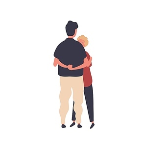 Two cartoon men hugging each other vector flat illustration. Gay couple having romantic relationship isolated on white . Male character embracing feeling love.