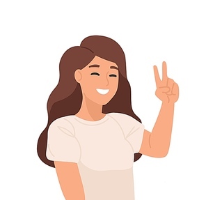Smiling young girl flat vector illustration. Sign language, gesticulation, peace gesture. Good mood, gladness, joyfulness, positive emotion concept. Blinking woman showing ok gesture cartoon character