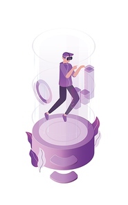 Virtual reality flat vector illustration. Online game, simulated world concept. Internet player, gamer with 3D glasses cartoon character. Virtual play space isolated on white 