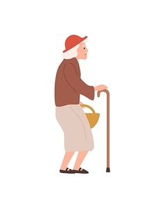 Old lady flat vector illustration. Elderly woman with walking stick. Age, oldness, senility, health problems. Senior female, grandmother cartoon character isolated on white background