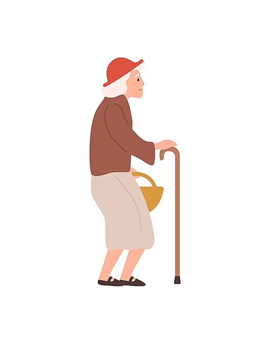 Old lady flat vector illustration. Elderly woman with walking stick. Age, oldness, senility, health problems. Senior female, grandmother cartoon character isolated on white 