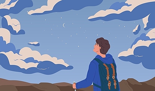 Man looking at night starry sky flat vector illustration. Self discovery, opportunity observation metaphor. Inspiration and imagination concept. Backpacker traveling cartoon composition