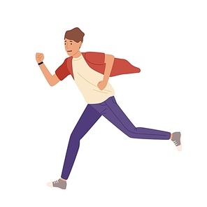 Man rushing flat vector illustration. Late young student in casual clothes isolated on white background. Worker hurrying. Male nervous cartoon character running fast design element