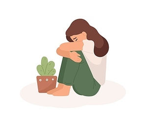 Sad young girl flat vector illustration. Bad mood, melancholy, sorrow, negative emotions concept. Crying woman hugging her legs and flowerpot cartoon character isolated on white background