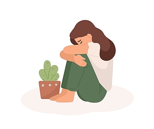 Sad young girl flat vector illustration. Bad mood, melancholy, sorrow, negative emotions concept. Crying woman hugging her legs and flowerpot cartoon character isolated on white