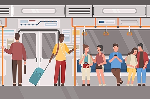 Metro, subway train, public transport flat vector illustration. Underground railway carriage interior, people in suburban electric train. Male and female passengers, commuters cartoon characters