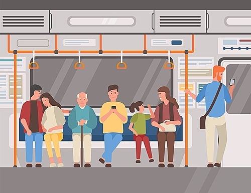 People in subway train, public transport flat vector illustration. Men and women sitting and standing in underground railway carriage. Suburban electric train. Passengers, commuters cartoon characters