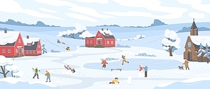 Panorama of winter landscape with leisure people vector illustration. Happy cartoon characters enjoy outdoor activity. Man, woman and children sledding, ice skating, skiing, playing snowballs at park.