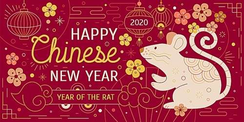 Chinese New Year vector greeting card template. Cute mouse, cartoon rat illustration on red background. Stylized oriental paper lanterns decorative elements. Asian winter holidays postcard design