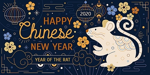Happy chinese new year colored vector banner. Oriental zodiac symbol of 2020 rat flat illustration greeting card design. Concept for holiday template, decor elements.