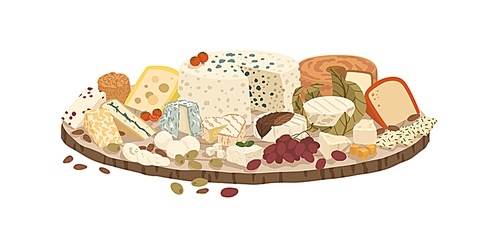 Composition of various cheeses on plate vector illustration. Collection of lactic product on rustic wooden board isolated on white . Set of realistic dairy delicatessen with grape