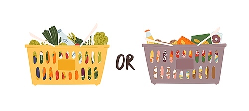 two large grocery nutrition baskets vector flat illustration. choosing between abundance of junk and wholesome meal. cartoon healthy useful snack vs harmful fast food isolated on white