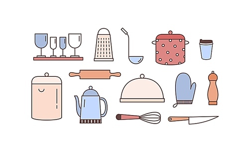 Kitchenware linear vector icons set. Various kitchen utensils outline illustrations isolated on white . Dinnerware kit, crockery. Saucepans, tableware and cooking accessories