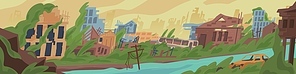 Abandoned post apocalyptic world cartoon vector illustration. Colored destruction in war zone, natural disaster concept. City ruins with destroyed, damage buildings on street.