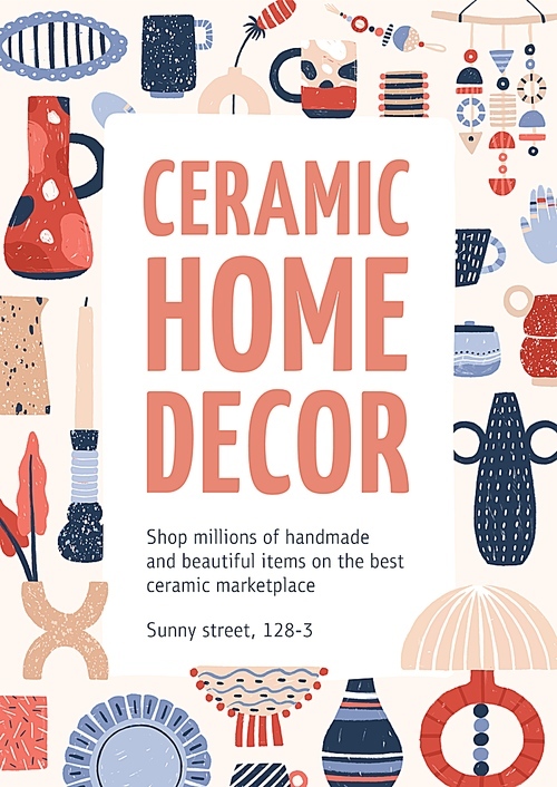 Ceramic home decor promo poster template. Modern pottery sale advertisement. Ceramics marketplace banner with text space. Vintage vases and candle holders, handmade clay cup and plates illustrations