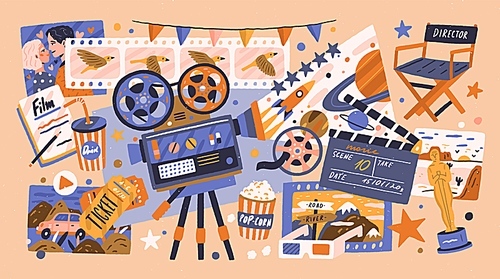 Cartoon cinema design concept with different elements of cinematography. Hand drawn equipment, decoration and viewers accessories isolated vector illustration. Tools for production video.