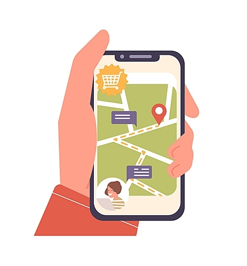 Human cartoon hand holding smartphone with map and location mark on screen vector flat illustration. Order delivery online tracking isolated on white . Modern technology device application