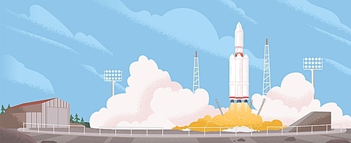 Spaceship start cartoon vector illustration. Heavy rocket carrier taking off, launching satellite or international station on Earth orbit. Space exploration and modern technology concept