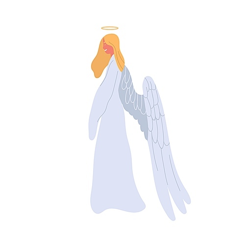 Angel cartoon woman in white dress vector flat illustration. Mythical creature female character with halo and wings isolated on white . Colorful mythological girl.