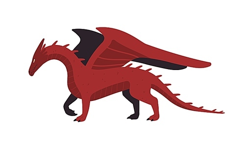 Cartoon red mythical creature dragon isolated on white . Antique dangerous character with wings vector flat illustration. Colorful fantasy powerful monster side view.