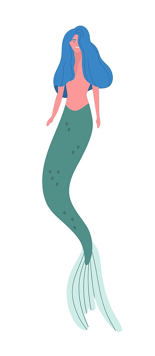 Smiling cartoon half woman and fish vector flat illustration. Colorful mythology creature mermaid with blue hair isolated on white . Magical female water nymph.