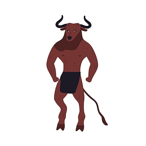 Ancient mythical cartoon creature bull isolated on white . Colored minotaur character vector flat illustration. Mythology angry animal with horns and tail.