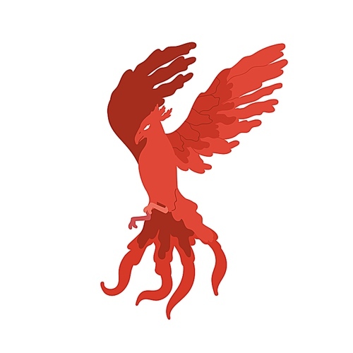 Fairy tale red bird phoenix vector flat illustration. Cartoon fire flying character isolated on white . Fantasy magical creature with wings symbol of immortality and eternal life.