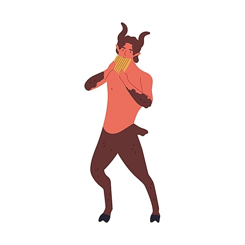 Greek mythology creature satyr vector flat illustration. Cartoon fantasy hero playing on pan flute isolated on white . Fairy tale character half man and goat with horns and hooves.