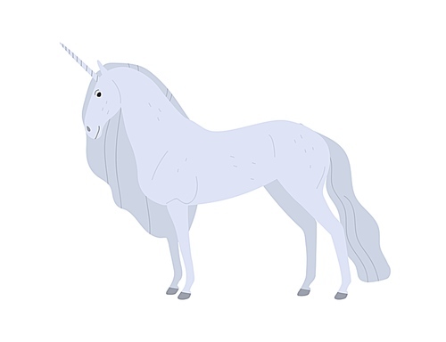 Beautiful fantasy white unicorn vector flat illustration. Cartoon magical mythical creature horse with horn isolated on white . Fairy tale horned animal character.