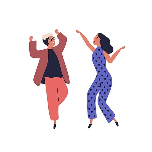 Happy couple dancing together having fun raising hands vector flat illustration. Smiling stylish man and woman dancer rejoicing have positive emotion isolated on white. Joyful cartoon dancers.